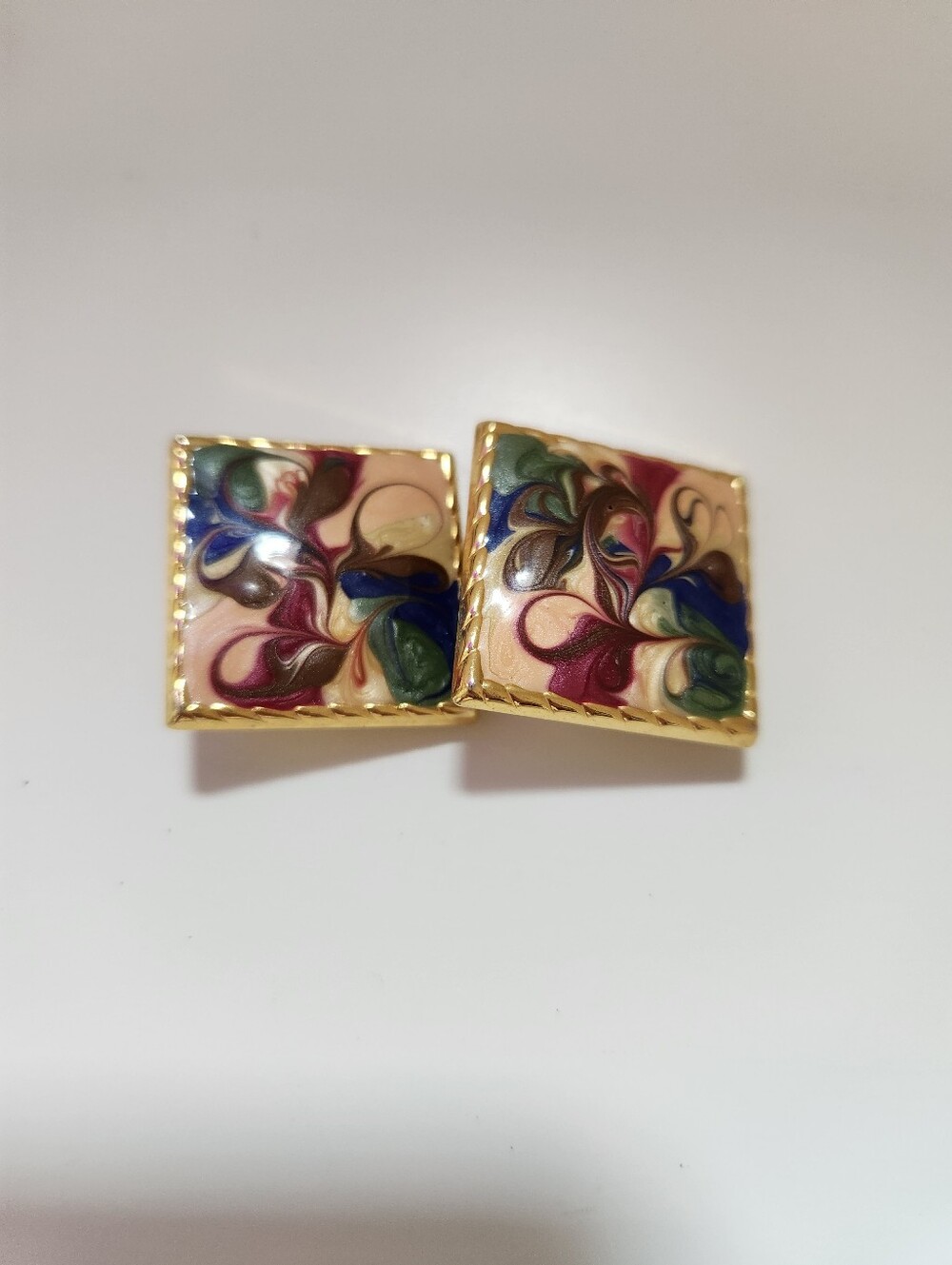 Vintage Gold Tone Enamel Clip On Earrings Multicolor Swirl Square